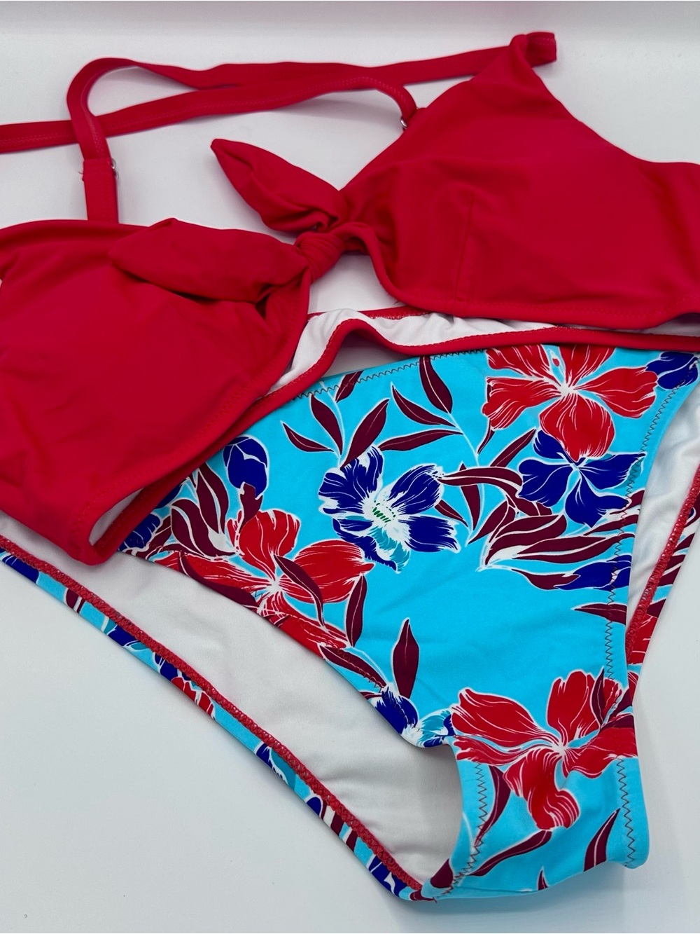 Red Bikini Top with Turquoise Floral Bottom Set Size XL (1294)